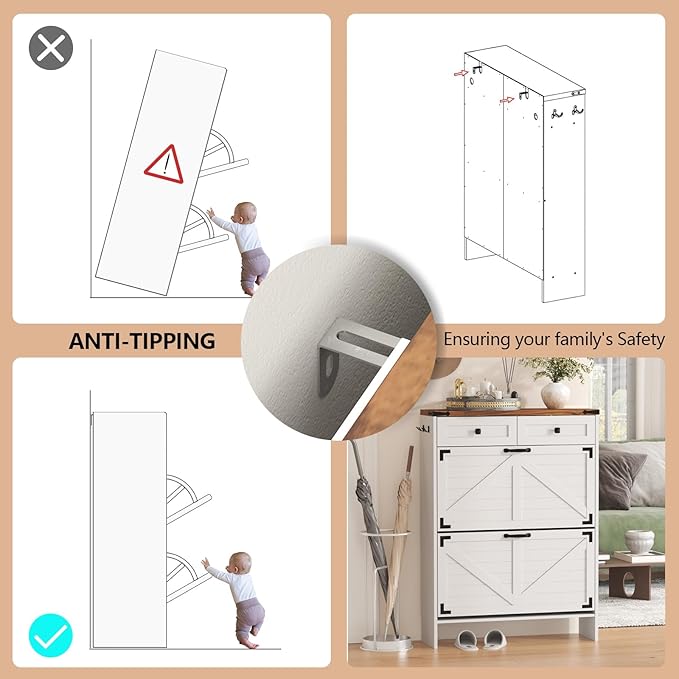 Shoe Storage Cabinet with 2 Flip Drawers & 2 Storage Drawers, Tall Narrow Slim Shoe Rack Organizer, Farmhouse Wood Hidden Shoe Cabinet for Entryway,Hallway, White