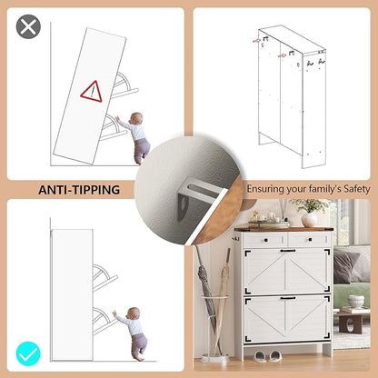 Shoe Storage Cabinet with 2 Flip Drawers & 2 Storage Drawers, Tall Narrow Slim Shoe Rack Organizer, Farmhouse Wood Hidden Shoe Cabinet for Entryway,Hallway, White