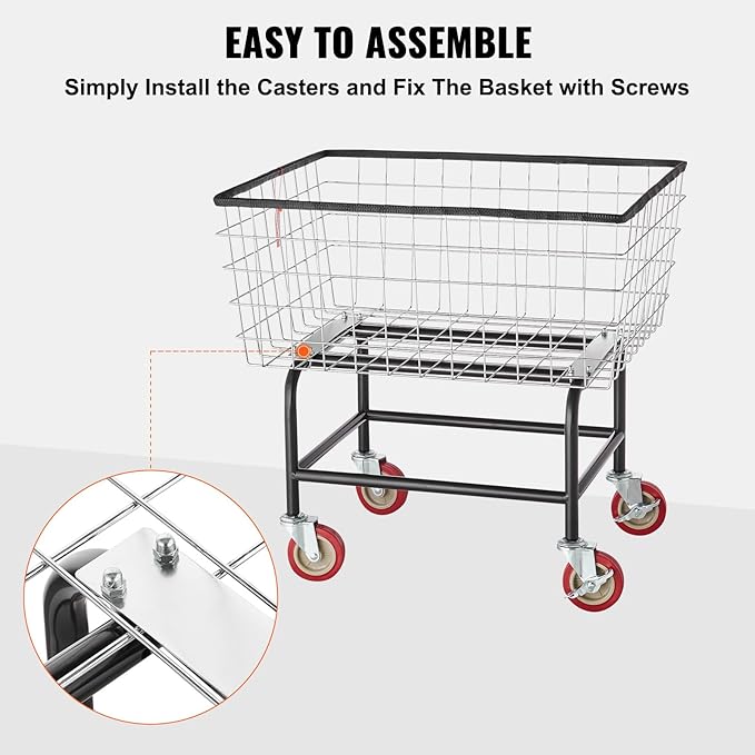 VEVOR Wire Laundry Cart, 2.8Bushel Wire Laundry Basket with Wheels, 26.7''x21.7''x26.4'' Commercial Basket Cart, Steel Frame with Chrome Finish, 4" Casters