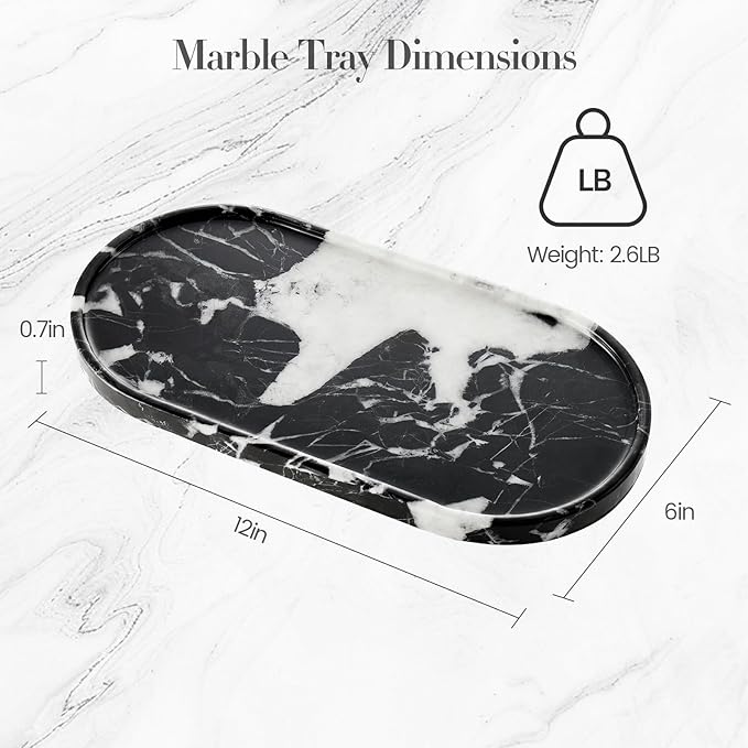 Natural Marble Tray Bathroom Tray, Luxury Decorative Trays for Bathroom, Vanity, Dresser, Kitchen & Home Decor, Valentine's Day House Warming Gifts New Home (Black)