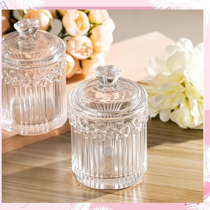Hushee 4 Pcs Crystal Glass Candy Jar Set with Lids Home Decorative Storage Jars for Apothecary, Bathroom, Kitchen, and Pantry, Ideal for Cotton Swabs and Jewelry(Clear)