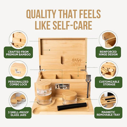 The OG Storage Box - Large Bamboo Box with Combination Lock, Magnetic Lid, Organizer Tray, Airtight Tube and 3 Smell-Proof Jars - Discreet Decorative Locking Wooden Box with Accessories (Wood/Silver)