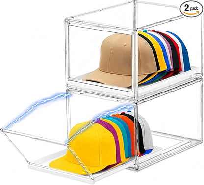 2 Pack Clear Hat Organizer Box, Stackable Cap Storage Display Case with Magnetic Door & Sliding Drawer Tray, Dustproof Hat Container Holds 10 Hats per Box (Clear, 2 Pack)
