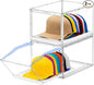 2 Pack Clear Hat Organizer Box, Stackable Cap Storage Display Case with Magnetic Door & Sliding Drawer Tray, Dustproof Hat Container Holds 10 Hats per Box (Clear, 2 Pack)