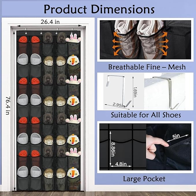 40 Over the Door Shoe Organizer, Hanging Shoe Organizer, for Closet Behind the Door Storage Holder for Entryway Bedroom Dorm, Both men's and women's shoes can be stored (Black)