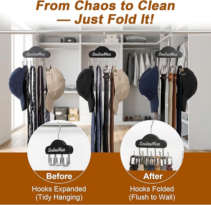 Belt Organizer, 2 PCS Belt Hanger for Closet, Tie Organizer for Men, Rotatable Sturdy Shirt Hangers with 8 Hooks, Tie Rack for Belt, Bra, Tank Top, Hat, Purse, Black