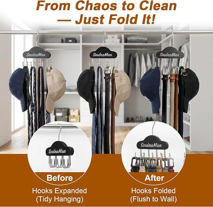 Belt Organizer, 2 PCS Belt Hanger for Closet, Tie Organizer for Men, Rotatable Sturdy Shirt Hangers with 8 Hooks, Tie Rack for Belt, Bra, Tank Top, Hat, Purse, Black