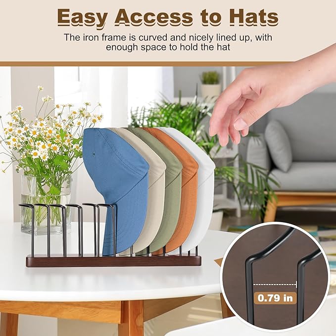 Hat Organizer for Baseball Caps, Wooden Tabletop Hat Rack Holder for 10 Hats Hat Display Stand for Closet Organizers and Storage Brown 2 Pack