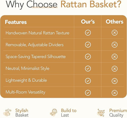 Nature-Inspired Rattan Pantry Organizer Baskets Set of 2 with 3 Removable Dividers – Handwoven Storage Bins for Kitchen or Bathroom Organization, Ideal for Snacks, Coffee & Tea (13” x 7.3” x 3.7”)
