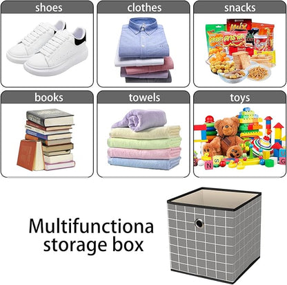 Foldable Storage Cubes Bins,11 Inch Cloth Storage Cube Fabric Storage Box Cubes Organizer Baskets with Dual Handles for Home Organizer Set of 3 (Grey grid)