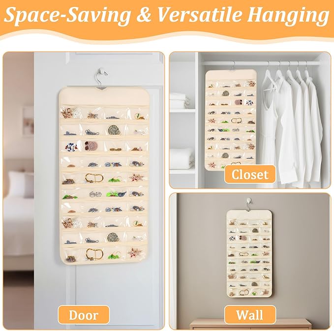 4 Pack Hanging Jewelry Organizer with 80 Clear Pockets, Double-Sided Hanger for Closet Door Wall, Beige Jewelry Holder for Earrings, Necklaces, Bracelets
