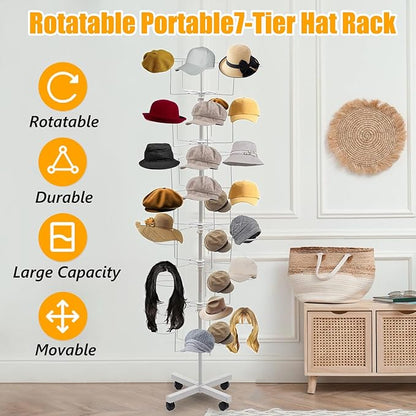 7-Tier Rotating Hat Display Stand, 35 Hooks Metal Freestanding Retail Display Stand Commercial Large Headwear Wig Rack Metal Floor Rack for Hats and Wigs (White)