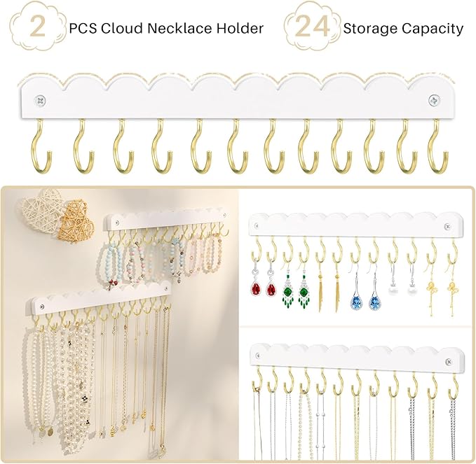 2 Pack Necklace Holder Organizer Wall Mount, Wooden Necklace Hanger Storage Hanging Jewelry Organizer with 12 Hooks for Necklaces, Bracelets, Rings and Bangles Display