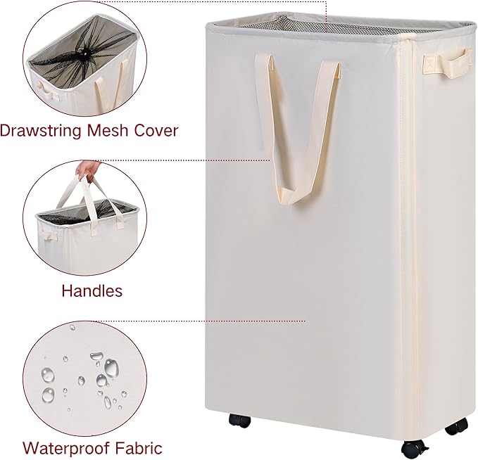 Slim Laundry Hamper with Wheels, Rolling Laundry Basket for Clothes, Small Laundry Basket for Bedroom, Dorm and Laundry Room, 75L (19.8 Gallons) Beige