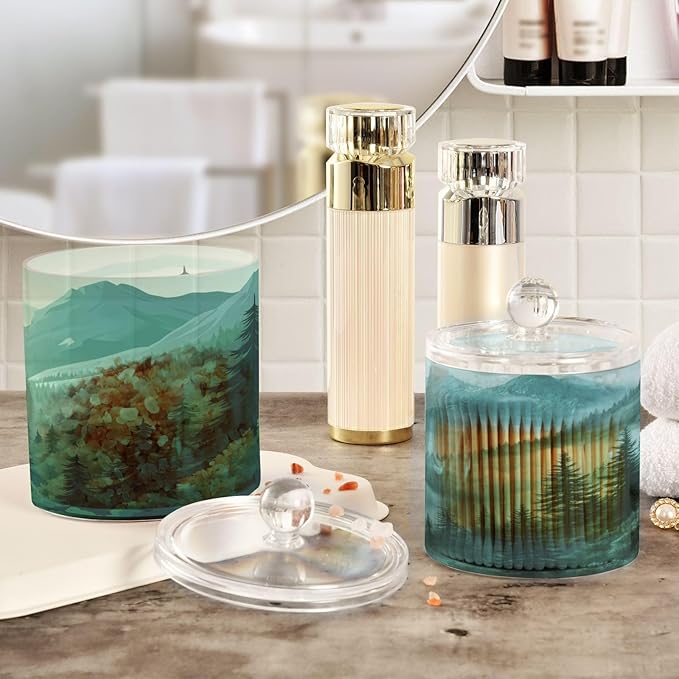 2 Pack Qtip Dispenser Apothecary Jars with Lids Cotton Round Holder Bathroom Canisters for Cotton Swab Floss Ball Pads Clear Plastic Decorative Mountain Forest Trees Green