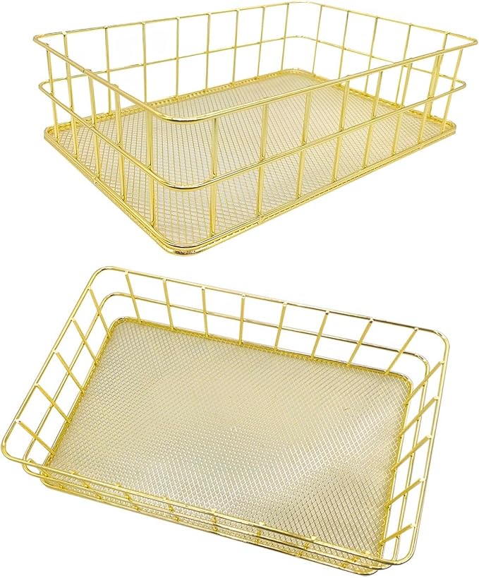 2Pcs Gold Basket Bathroom Organizer Storage Basket for Decor Desktop Exquisite Vanity Dresser Ornament Office Stationery Home(9.65 * 6.5 * 2.75inch)