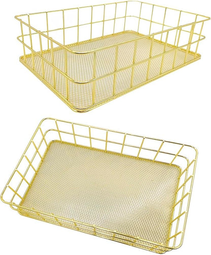 2Pcs Gold Basket Bathroom Organizer Storage Basket for Decor Desktop Exquisite Vanity Dresser Ornament Office Stationery Home(9.65 * 6.5 * 2.75inch)