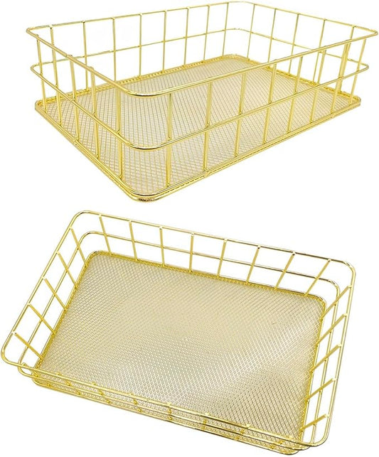 2Pcs Gold Basket Bathroom Organizer Storage Basket for Decor Desktop Exquisite Vanity Dresser Ornament Office Stationery Home(9.65 * 6.5 * 2.75inch)
