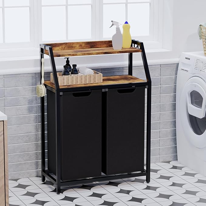 Timberer Laundry Hamper, Laundry Sorter 2 Section, Rolling Laundry Basket with Wheels, 2 Shelves, 2 × 14.5 Gal, Pull-Out and Removable Oxford Fabric Bags, for Laundry Room,Black and Rustic Brown