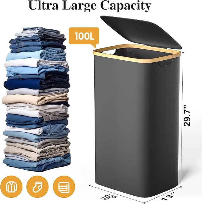 Foluck Large Laundry Hamper, 100L Waterproof Laundry Basket with Lid and Removable Bag, Collapsible Tall Clothes Hamper with Bamboo Handles for Clothes Toys in Dorm Bedroom Bathroom, Black