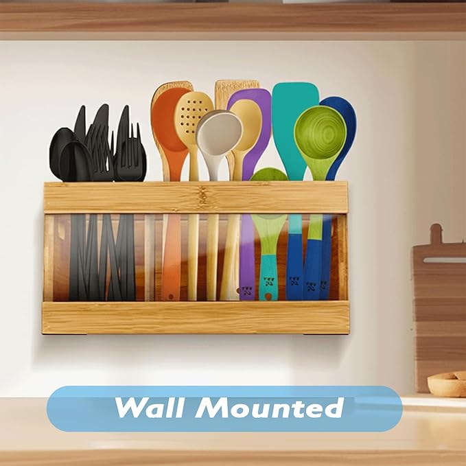 2 in 1 Kitchen Utensil Holder with Over Sink Dish Drying Rack, Bamboo Utensil Holder for Kitchen Countertop – Large Cooking Utensil Organizer & Silverware Caddy with 6 Compartments with Drying Stone