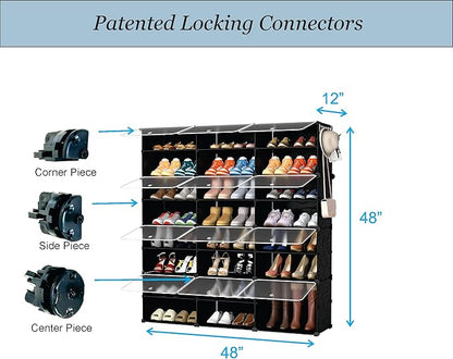 Patented Shoe Racks Organizers Shelves, Floor-Standing, Wall Hanging, Sturdy and extendable. Easy DIY Assembly, for Door Entrance, Closet, and Workplace (3x8Grid, Translucent & Black)