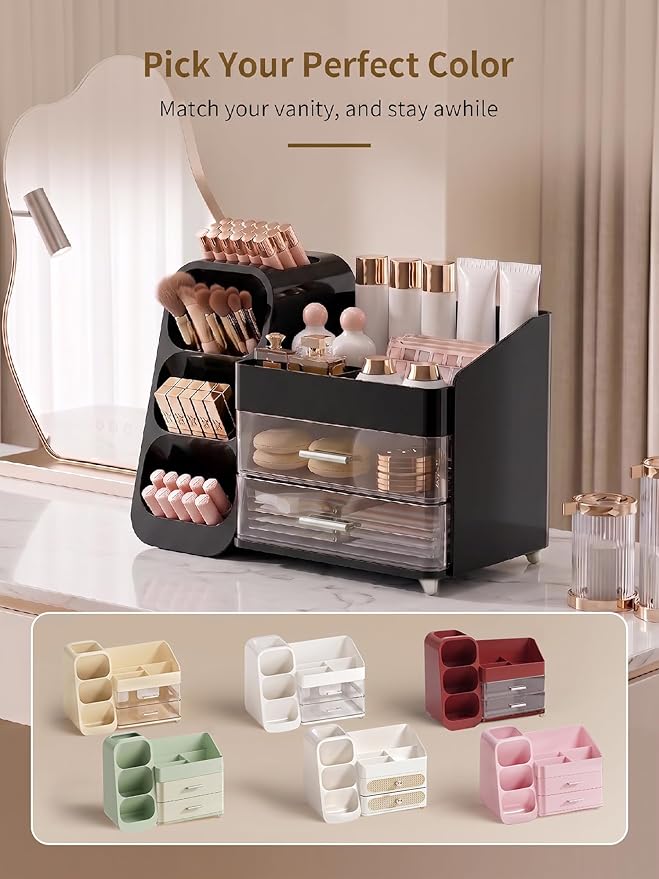 Booklov Makeup Organizer for Vanity, Large Capacity Cosmetic Display Case with Drawers, Countertop Beauty Storage Holder for Skincare, Brush Eyeliner Perfume Eyeshadow Lipsticks, Counter Desk, Black