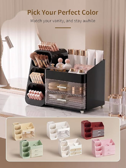 Booklov Makeup Organizer for Vanity, Large Capacity Cosmetic Display Case with Drawers, Countertop Beauty Storage Holder for Skincare, Brush Eyeliner Perfume Eyeshadow Lipsticks, Counter Desk, Black