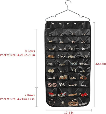 Hanging Jewelry Organizer, Double-Sided 80 Pockets (40 Front + 40 Back), Closet & Hook Jewelry Storage, for Earrings, Necklaces, Bracelets, Rings & Pendants, Black