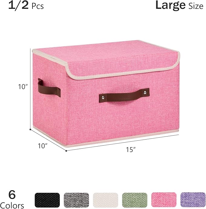2PCS Storage Bins Box with Lids Decorative Cotton Linen Fabric Baskets Cubes with Handles PP Plastic Board Foldable Washable Lidded Clothing Shelf Closet Organizer Container (Pink, Large)