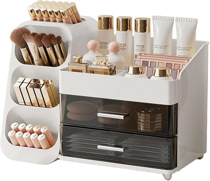 Makeup Organizer for Vanity with Brush Holder, Large Capacity Bathroom Countertop Skincare Organizer with 2 Drawers, Cosmetic Display Case for Perfumes, Eyeshadow Palettes, Nail Polishes