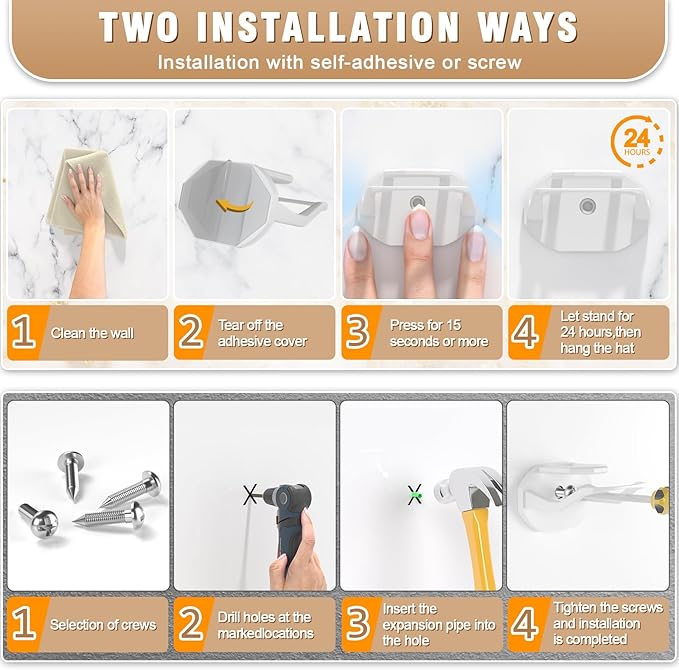 Niunuerga 48 Pack Adhesive Hat Hooks for Wall, Super Strong Hat Rack for Baseball Caps, Hat Organizer Display for Home Decor, Hat Hangers Holder for Wall, Door, Closet, No Drilling (White)
