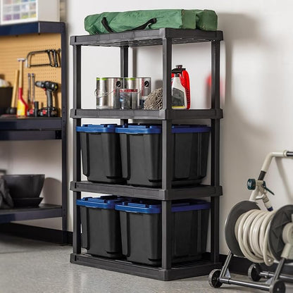 12 Gallon Rugged Plastic Storage Bins with Latching Lids - Stackable Heavy Duty Totes for Garage, Basement, Workshop, Camping and Home Organization, Black 4-Pack Utility Container Set