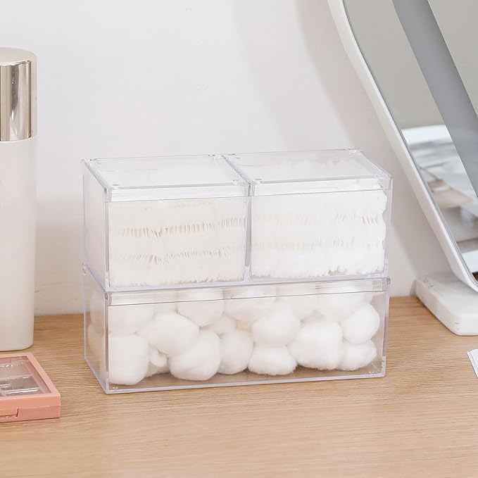 2 Pack Qtip Holder Dispenser with Lid , Plastic Bathroom Vanity Canister for Counter, Drawer and Cabinet Use, Cotton Balls, Makeup Pads, Floss Picks, Clear Desk Container