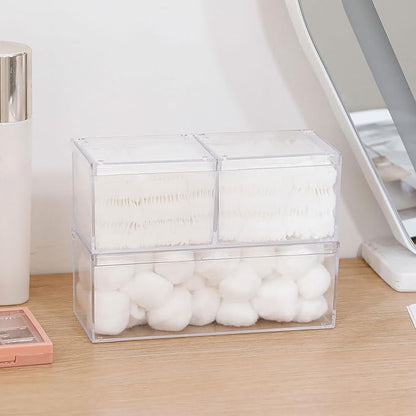 2 Pack Qtip Holder Dispenser with Lid , Plastic Bathroom Vanity Canister for Counter, Drawer and Cabinet Use, Cotton Balls, Makeup Pads, Floss Picks, Clear Desk Container