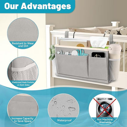 BlissTotes Bedside Caddy, Bedside Storage Organizer for Bunk Bed Accessories, Dorm Storage for Bedside Shelf and Bunk Bed Shelf, Bed Caddy for Home, Dorm, Bunk (Light Gray, 1 Pack)
