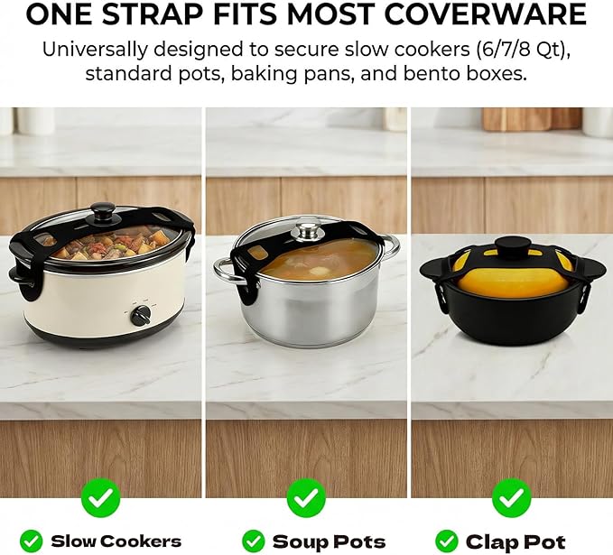 Silicone Lid Lock Strap for Crockpot Slow Cooker (6/7/8 Quart), Universal Rubber Lid Securing Strap for Soup Pots & Bento Box | Heat-Resistant, No-Spill Transport Accessories (1 Pack Black)