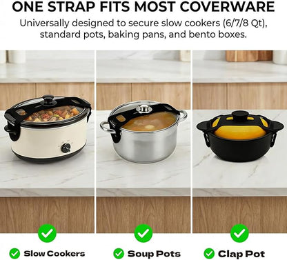 Silicone Lid Lock Strap for Crockpot Slow Cooker (6/7/8 Quart), Universal Rubber Lid Securing Strap for Soup Pots & Bento Box | Heat-Resistant, No-Spill Transport Accessories (1 Pack Black)