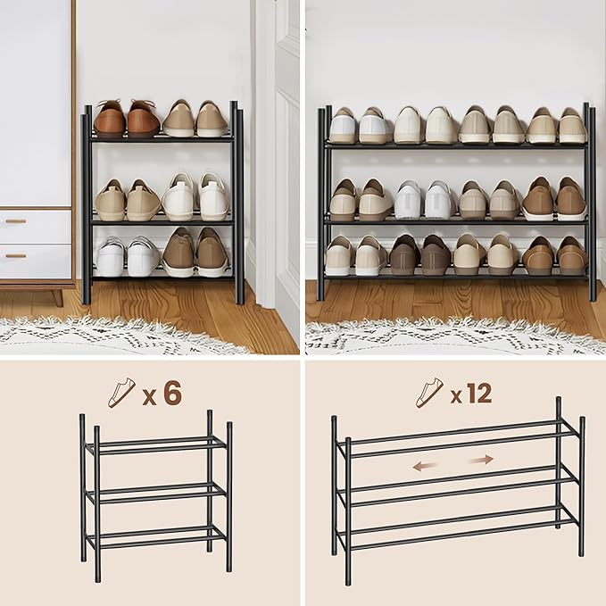 AceMining 3-Tier Expandable Shoe Rack, Adjustable Shoe Rack Shoe Organizer Shoe Shelf, Free Standing Shoe Racks Heavy Duty Metal for Closet Entryway Closet Doorway Front Door Entrance，Black
