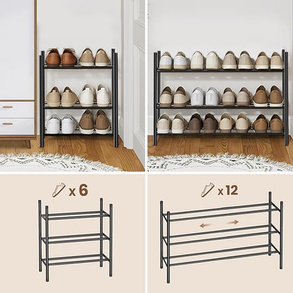 AceMining 3-Tier Expandable Shoe Rack, Adjustable Shoe Rack Shoe Organizer Shoe Shelf, Free Standing Shoe Racks Heavy Duty Metal for Closet Entryway Closet Doorway Front Door Entrance，Black