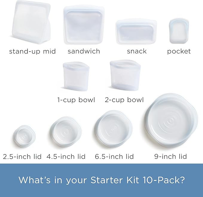 Stasher Silicone Reusable Storage Bags & Stretch Lids, 10-Pack Starter Kit, Reusable Freezer Bags, Microwave, Dishwasher, Oven Safe, Sous Vide, Lunch Containers, Eco Friendly, Food Storage Bags, Clear | Reusable Food Bags