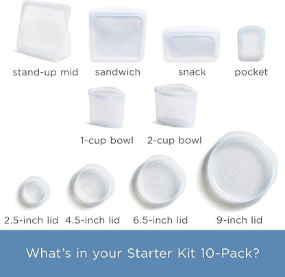 Stasher Silicone Reusable Storage Bags & Stretch Lids, 10-Pack Starter Kit, Reusable Freezer Bags, Microwave, Dishwasher, Oven Safe, Sous Vide, Lunch Containers, Eco Friendly, Food Storage Bags, Clear | Reusable Food Bags