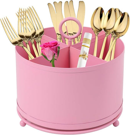NelyBet 360°Rotating Metal Utensil Caddy 4 Compartment Silverware Cutlery Holder Fork Spoon Napkin Organizer Flatware holder with Handle For Picnic Camping Party - Pink