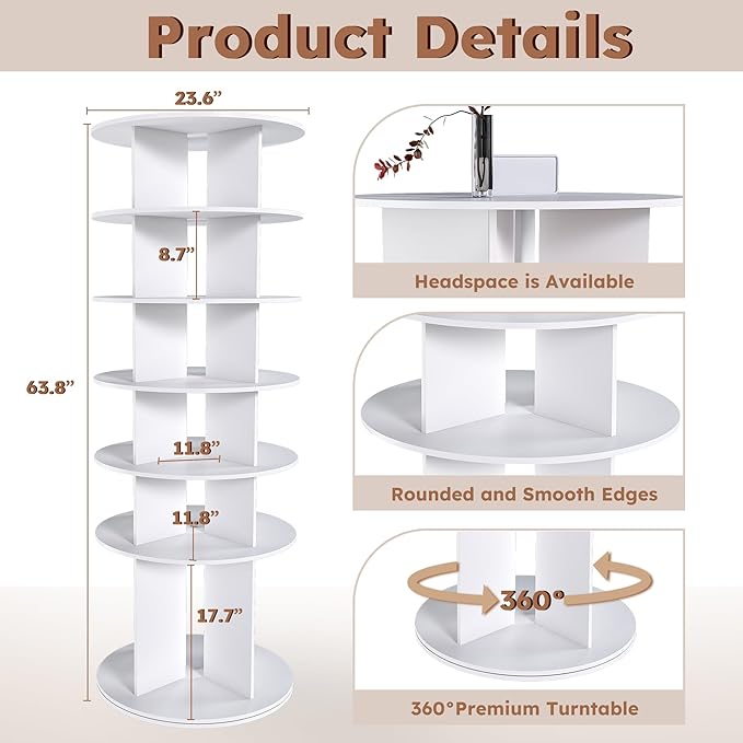 Runboll 6-Tier Rotating Shoe Rack Tower Spinning Shoe Display Lazy Susan Storage Tower, Free Standing 360 Revolving Shoe Organizer for Living Room Entryway Doorway