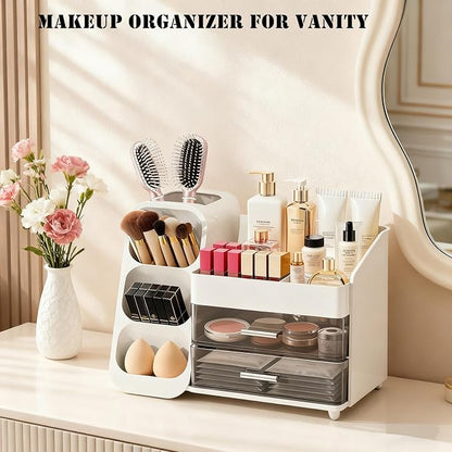 Makeup Organizer with Brush Holder for Vanity, Spacious Cosmetic Display Case with 2 Drawers, The Perfect Bathroom Vanity Organizer for Beauty Essentials, Skincare, Lipsticks