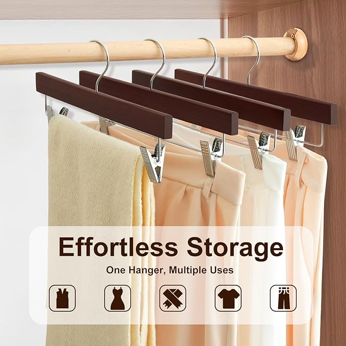 BAGAIL 20 Pack Wooden Pants Hangers with Adjustable Clips, 360°Swivel Hook Space Saving Skirt Holders with Anti-Rust Clips for Trousers, Jeans, Shorts(Walnut)