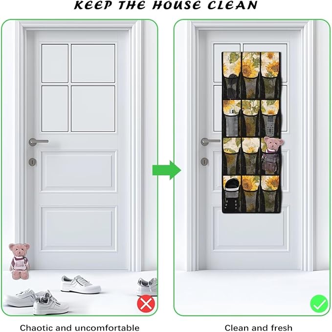 Sunflowers Over Door Art Supply Organizer - 12 Deep Pockets for Scissors, Markers, Yarn - Dye-Resistant Fabric