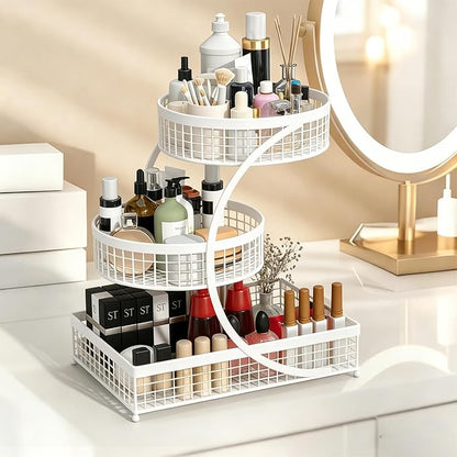 BCWW 3 Tiers Makeup Organizer Countertop Multi Bathroom Counter Organizer Metal Fruit Basket Perfume Skincare Organizers Holder for Vanities, Cabinet, Cosmetic, Dresser Organizer (White)