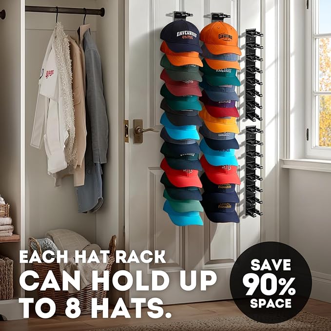 Hat Organizer for Baseball Caps, 2 Pack Hat Rack for Wall Closet Door Hold up to 16 Hats,Hat Holder with Adhesive and 8 Screws, Hat Hanger Cap Holder Hat Hangers for Wall Closet Door Bedroom(A-Black)
