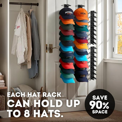 Hat Organizer for Baseball Caps, 2 Pack Hat Rack for Wall Closet Door Hold up to 16 Hats,Hat Holder with Adhesive and 8 Screws, Hat Hanger Cap Holder Hat Hangers for Wall Closet Door Bedroom(A-Black)
